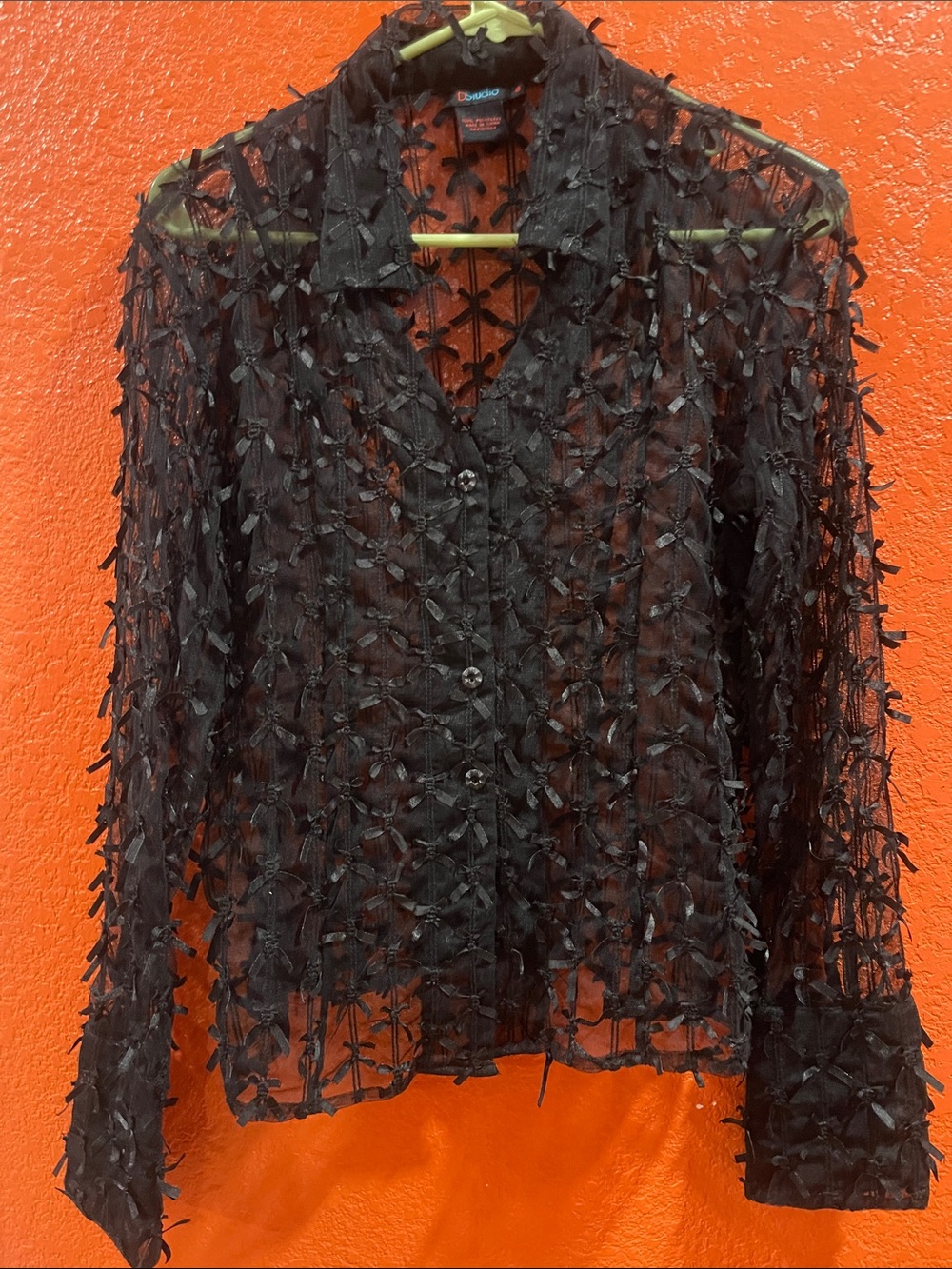 Textured Sheer Black Button-Down Blouse